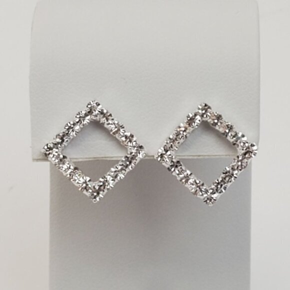 925 Silver Square Frame Rhinestone Post Earrings - Picture 3 of 5